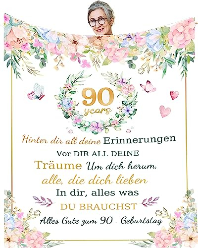 UOOYAA 90 Geburtstag Frau Geschenk Flanell Kuscheldecke Geschenke für Mama Oma Geschenk Geburtstagsgeschenk für Frauen,Decke für Couch Bett,TV-Decke Geburtstag,Weihnachten
