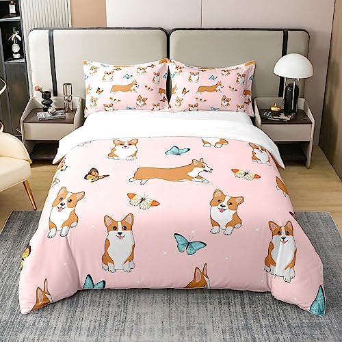 Nette Corgi 100% Baumwoll Bettbezug 135x200 Hundebettwäsche Set,Cartoon Welpen Mops Tröster Bezug mit Reißverschluss Verschluss Haustier Thema Bett Sets,Tier Bettwäsche für Kinder Teens Schlafzimmer
