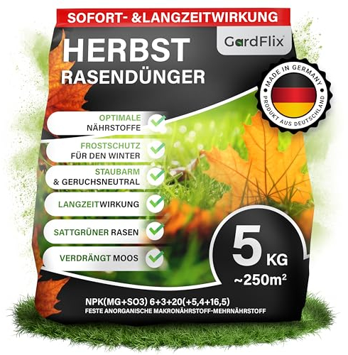Gardflix Herbstdünger Rasen Langzeitwirkung | Rasendünger Herbst verdrängt Moos | Frostschutz & Winterfester Rasen | Staubarmer Granulat für Streuwagen | Sicher für Kind & Tier (5kg Sack für 250m²)