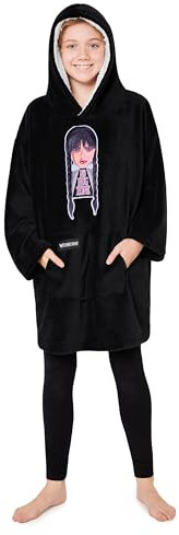 Wednesday Hoodie Decke Mädchen Übergröße Kuscheldecke mit Ärmeln Warm Fleece Kapuzenpullover Tragbare Decken Hoodie (Schwarz)