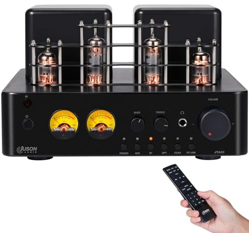 Juson Audio JTA50 Amplificatore a tubo amplificatore Hi-Fi con BT 5.0, telecomando, AUX, COAX, ingresso Phono e USB, uscita subwoofer, 2.1CH per giradischi