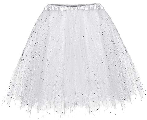 MeiLyviba Tüllrock Damen Unterrock Tütü Rock Hohe Taille Elastische Petticoat Tüllrock Party Rockabilly Tüll Rock Midirock mit Lichterkette Karneval Weiß Ballettkleidung Ballettrock