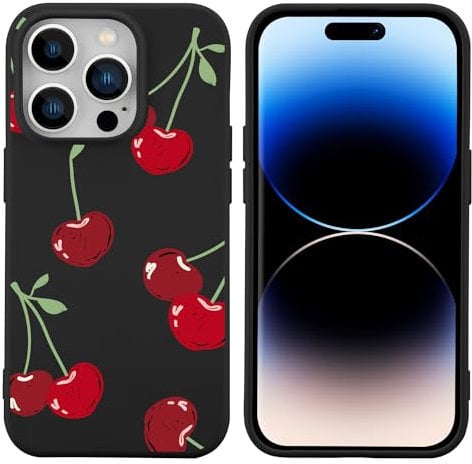 JOYLAND Fresh Cherry Pattern Phone Case for iPhone 14 Pro Max,Kawaii Fruit Printed Black Liquid Silicone Case Soft Shockproof Protection Cover with Soft Microfiber Lining for Girls Women