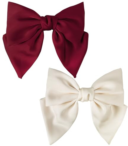 Dalababa Lot de 2 pinces à cheveux avec nœud en ruban de satin soyeux pour femmes et filles (bordeaux et beige)
