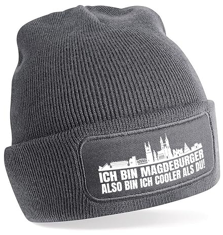 Beanie Strickmütze mit Spruch | Ich bin Magdeburger also bin ich cooler als du! | grau | weiche und warme Fußball Mütze für Magdeburg Fan | Skyline | SoftTouch Einheitsgröße für Erwachsene