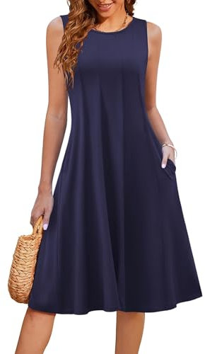 Hotouch Sommerkleid Damen Leicht Strandkleid Midi Tank Kleid Sommer Elegant Falten Jerseykleid Mit Taschen Umstandskleid Navy Blau XXL