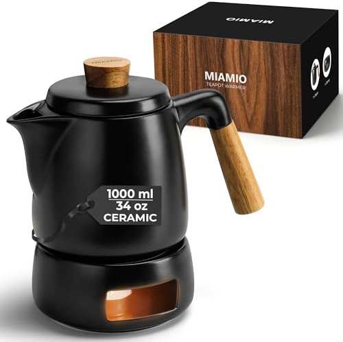 MIAMIO - Teapot Set with Warmer / 1L / 1000 ml Tea Kettle with Infuser for Steeping Loose Tea Leaves - Gift for Women/Tea Lovers (Black)