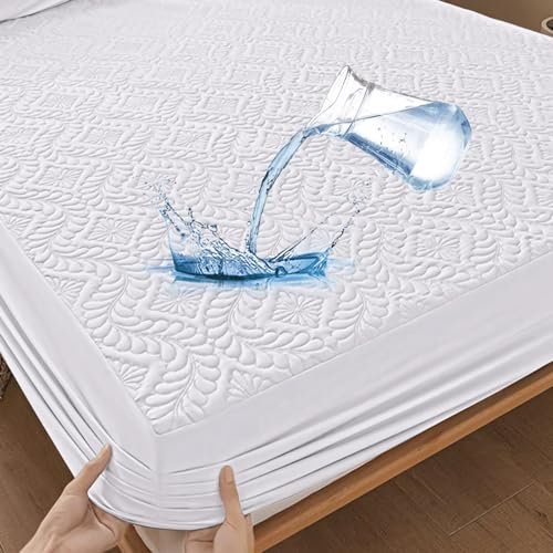 Wasserdichter Matratzenschoner 200x200cm Spannbettlaken Luxus, 3D-Muster, Super saugfähig, Atmungsaktive Matratzenbezug Wasserundurchlässiger Matratzen-Schutz Nässeschutz Spannbetttücher - Weiß
