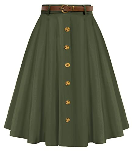 Belle Poque Damen Vintage Röcke Stretch Hohe Taille A-Linie Midi Röcke mit Taschen & Gürtel