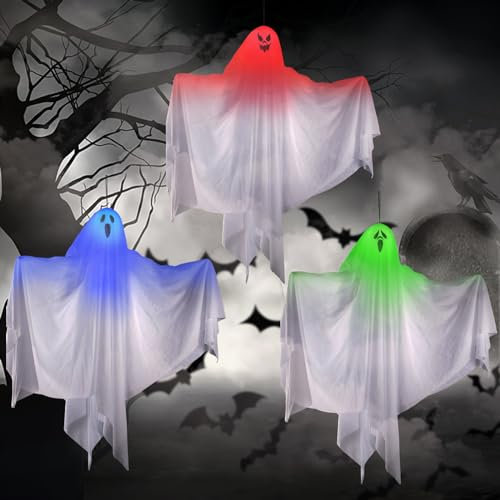 3 Stück Halloween Hängende Geister Deko, 67CM niedliche Leuchtend Gespenster fliegenden Geister, Halloween hängende Dekor Indoor Outdoor für Zuhause Vorgarten Baum Terrasse Tür Festliche Requisiten