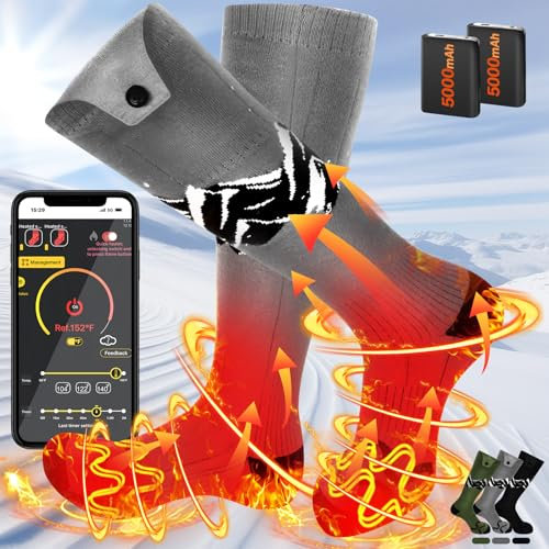 SNOW LEOPARD Calcetines térmicos para hombres y mujeres con batería recargable de 5 V/5000 mAh, calcetines eléctricos lavables para invierno, esquí, senderismo, equitación, color gris, talla L