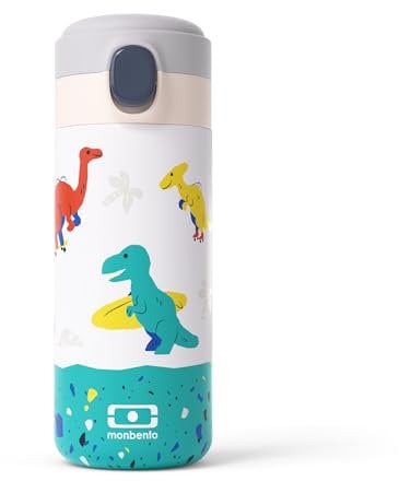 MONBENTO - Gourde Isotherme Enfant Pop bleu Dino - Bouteille Isotherme pour Enfant 360 ml - Isotherme jusqu'à 12h Boissons Chaudes/Froides - Idéale pour École/Randonnées - Sans BPA - Dinosaures