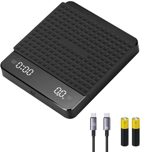 HLMNAKE Digitale Kaffeewaage mit Timer, 0,1 g/3 kg, automatischer und manueller Modus, USB-C Aufladung mit 2 wiederaufladbaren Batterien, rutschfeste Silikonfüße und Gummimatte, Kaffeewaage