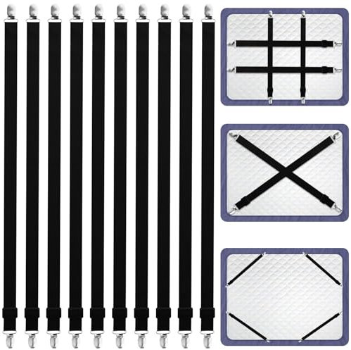 mauuuba Lot de 10 Tendeurs de Drap Réglables 65-240 cm, Sangles Élastiques Noires avec Clips en Métal pour Draps, Table à Repasser, Matelas, Canapé