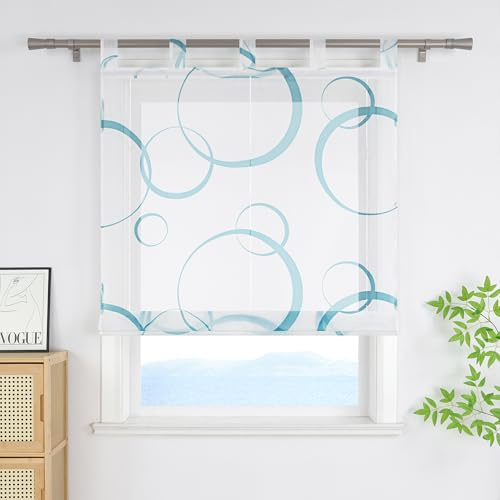 ESLIR Raffrollo mit Schlaufen Modern mit buntes Blasenmuster Raffgardinen Transparent Bändchenrollo für Fenster Voile Schlaufenrollo Wohnzimmer Blau BxH 120x150 cm 1 Stück