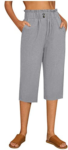 3/4 Pantalon en Coton et Lin pour Femme, Pantacourt Femme été Leger Chic Taille Haute Coupe Droite Amincissant, Pantalon Toile Taille Elastique Grande Taille decontractée avec Poches (Grey, S)