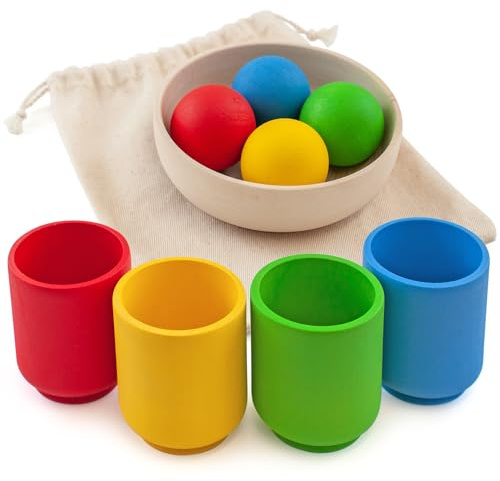 Ulanik Starter Kit Balls in Cups Toddler Montessori Toys for 1 Year Old + Baby Preschool Wooden Games for Learning Colour Sorting and Counting — 4 balls
