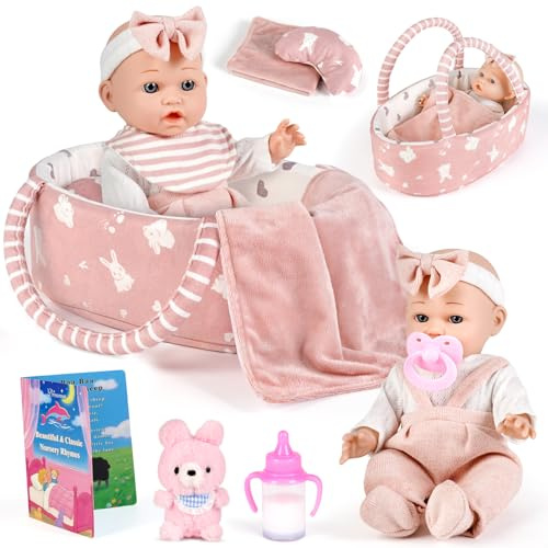 Dreamon 12 Inch Baby Doll with Carry Cot, 11 PCS Baby Doll Accessories Set with Clothes Bottle & Pacifier Bunny Toy, Bedtime Pretend Play Gift Toys Reborn Dolls for 3 4 5 Years Old Girls
