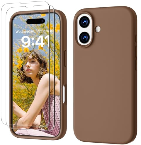 GOODVISH 3 in 1 für iPhone 17 Hülle mit 2 Stück Schutzfolie, Braun | Liquid Silikon Handyhülle Kameraschutz, Soft Mikrofaserfutter Kratzfest Stoßfeste Schutz Case für iPhone 17 6.3