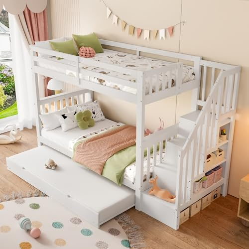 SUKY Letto a castello, 90 x 200 cm, scaffale per scale, dotato di letto estraibile, ringhiera alta, certificato EN747-1, bianco
