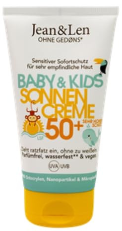 Jean & Len Crème solaire Sensitiv Bébé & Enfant SPF 50+, sans parfum, résistante à l'eau, pour peau d'enfant sensible dès 6 mois, sans octocrylène & parfum, végane, crème solaire enfant, 100 ml