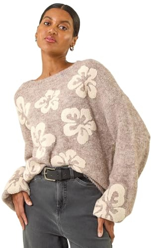 Roman Originals Soft Floral Knit Jumper for Women UK - Ladies Everyday Autumn Winter Round Neckline Comfy Soft Evening Vacation Work Party Night Out - Grey - Size ONE