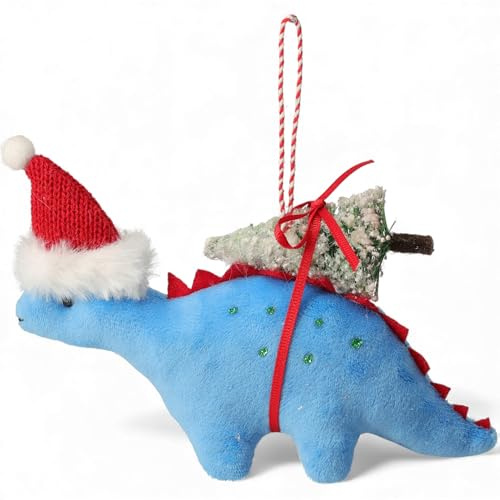 MIJOMA Weihnachts-Deko Dino zum Aufhängen – Stoff-Dinosaurier mit Mütze & Tannenbaum – niedlicher Weihnachtsbaumschmuck – Winterdeko (Dino Stego blau)