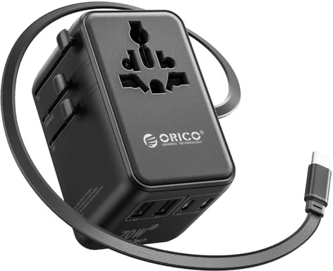 ORICO GaN 70W Adattatore Universale da Viaggio, 7-in-1 con 3 USB-C, 2 Prese AC e 2 USB-A, Adattatore Presa Internazionale per Oltre 200 Paesi tra cui UE, USA, UK, Australia, Giappone - UAX(Nero）