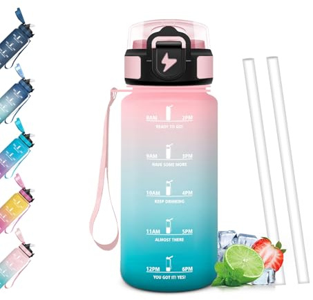 Mulbijeo Borraccia 500Ml, Senza BPA & A Prova di Perdita, Borracce con Cannuccia, Reutilizables, Borraccia Bambini, Apertura One-touch, Borracce Motivazionale per Scuola, Palestra, Ufficio, Lavorando