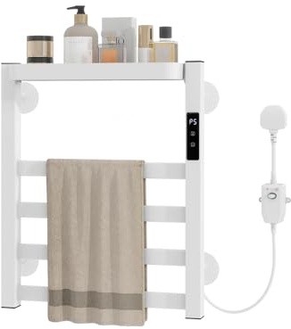 eklipt Towel Warmers, Aluminum Electric Heated Towel Rail with 4 Heating Elements and Removable Shelf, 6-Temp Control 45-70°C, Electric Towel Radiator with LED Display and 9-Hour Timer, 47x40cm