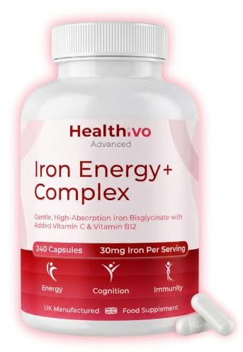 Healthivo® Iron Bisglycinate with Vitamins B12 + C, 240 Capsules, UK Made | Gentle Iron Supplement for Women and Men, 30mg Iron Bisglycinate with Vitamin C and B12, Vegan, Gluten Free, 80 Servings
