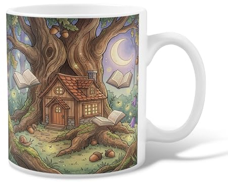 Tazza da caffè in ceramica con albero, fantasioso libro della casa fantasy, verde autunnale, tazza da tè con manico, ideale per amicizia, famiglia, colleghi, insegnanti, personale innamorato, 325 ml