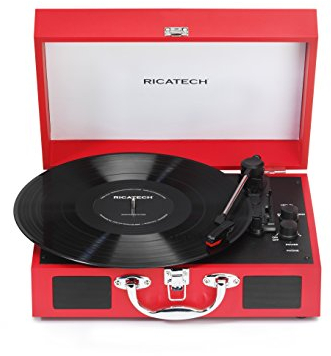 Ricatech RTT21 Tocadiscos, reproductor de discos portátil liviano con altavoces, tres velocidades, soporta salida RCA, Bluetooth, conector para auriculares, MP3, estilo maleta, color Rojo