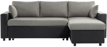 LOUNGITUDE - Canapé d'angle réversible, Convertible en Simili et Microfibre avec Coffre - Gris/Noir - 3 Places