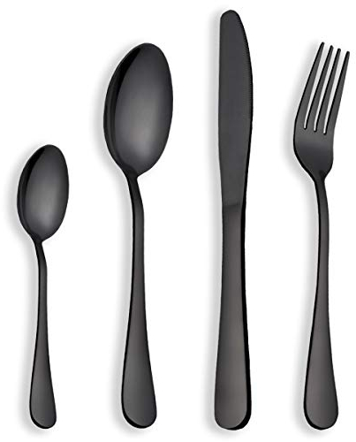 Berglander Cubiertos Set Black Gold, 24 Piezas de Titanio Negro, Servicio para 6, Plateados Oro Negro