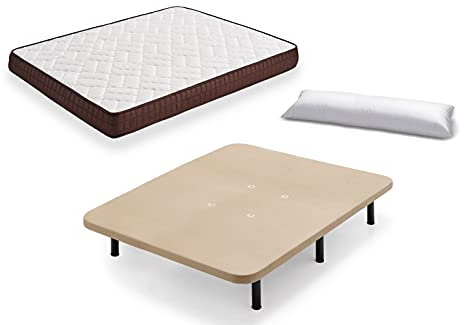 HOGAR24 ES Cama Completa - Colchón Viscobrown Reversible + Base Tapizada 3D + 6 Patas de 32cm + Almohada de Fibra, 135x190 cm