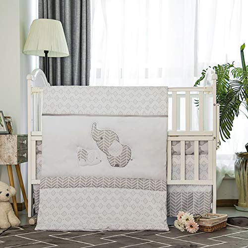 La Premura Babybett-Bettwäsche-Set für Jungen, graue Elefanten und Welpen, 3-teiliges Standardgröße, graues Kinderbett-Set, Spannbetttuch, Steppdecke und Rock, Uni-Kinderbett-Bettwäsche und
