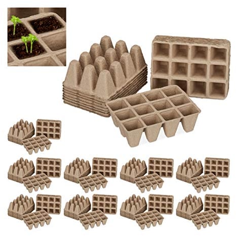 Relaxdays 2040 x Anzuchttöpfe, biologisch abbaubar, Aufzuchttöpfe für Pflanzen, eckig, Pflanztöpfe, Zellulose, H: 5cm, beige