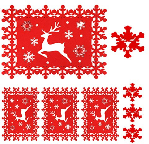 HOWAF Lot de 4 Noël Sets de Table et Dessous de Verre de Table, Flocon de Neige de Renne Rouge pour la décoration de Table de Noël de Vacances d'hiver de fête de Noël