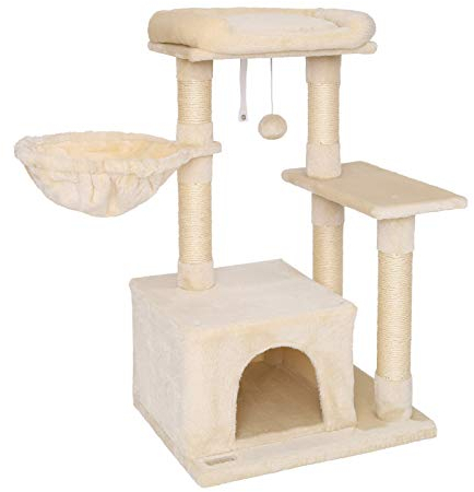 lionto Kratzbaum für Katzen mit Plüschball & Liegemulde, Höhe 85 cm, Katzenbaum mit Sisal & Plüsch, gemütliche Liegefläche & Höhle, inkl. Wandhalterung, für kleine & große Katzen geeignet, beige
