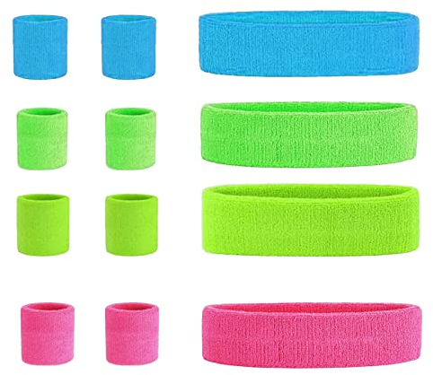 12-Teiliges Neon Schweißband Set, 80er Jahre Schweißband Handgelenk Schweißband Stirn Schweissband Retro Party Accessoires für Damen Herren 4 Farben Pink Grün Blu Gelb Schweissband Fitness-zubehã¶r