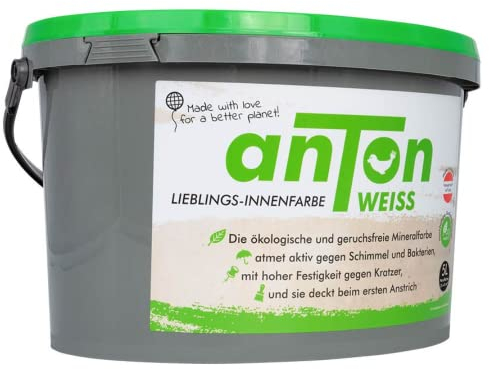 Anton Weiss® vegane Wandfarbe weiss | 5L 4er Pack | geruchsneutral & atmungsaktiv | ökologische Mineralfarbe weiß stumpfmatt | hohe Deckkraft | beugt Schimmel vor | für Kinderzimmer und Allergiker