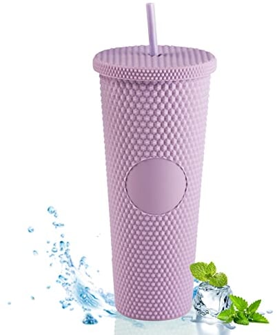 TWSOUL Studded Cup Tumbler 710ml Studded Tumbler with Lid and Straw Reusable Cold Cup for iced Coffee Double Walled Plastic Water Bottl (Dark Purple)