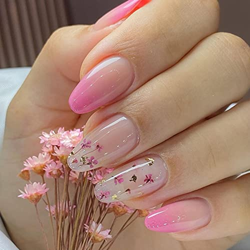 Ceboic 24 Stück Mandel Nägel Zum Aufkleben Kurz, Rosa Gradient French Niedliche Blumen Künstliche Nägel, Stiletto Acryl Kunstnägel Press on Nails Fingernägel Fake Nails für Frauen und Mädchen