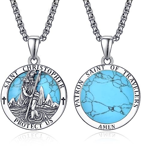 ADMETUS Türkis Heiliger Christophorus Kette Anhänger Sterling Silber St Christopherus Kette Herren Türkis St Christopher Halskette Schmuck Religiöser Geschenke