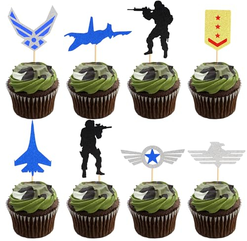 Arthsdite 24Pcs Military Cupcake Toppers Air Force Army Navy Fighter Plane Soldier Airplane Medal Cupcake Picks for Military Emblem Theme Wedding Birthday Party Cake Decorations Supplies