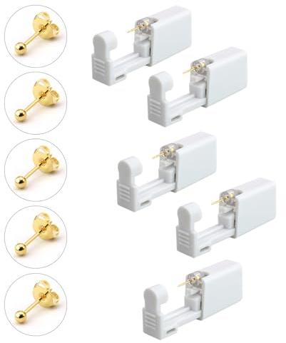 Kyaoayo 5 Stück Ohrlochstechpistole, Ohrloch Stecher Set, Einweg-Ohr-Piercing Pistole, Einweg-Steril-Sicherheits-Ohrnasen-Piercing-Pistolen-Kit, Ohrloch Stecher. (Goldbohne)