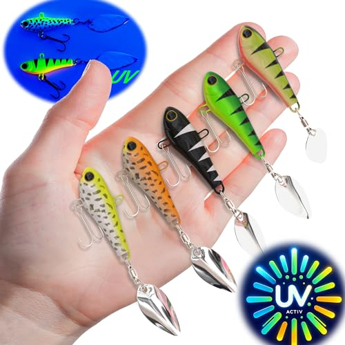 Njord Kalastus Messeneuheit 2023 Jig Spinner Set 5 Stück 20g in Köderbox UV-Aktiv | Bleikopfspinner für Barsch Hecht Zander Döbel | Jigspinner Jigspiner Spin Jig Spinjig (Bunt Zwillingshaken)