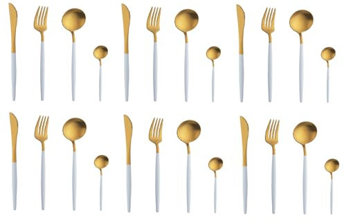 BISDARUN Stainless Steel Coloured Handles Cutlery with Matt Polish Unusual Flatware Set Funky Kitchen Forks Knives and Spoons Service for (White Gold 4-Piece Cutlery Set, 6 Person(6 Set))