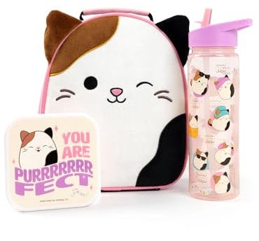 Squishmallows Girls Lunch Bag Set | Kids 3 Piece Bundle with Fluffy Dinner Bag, Water Bottle & Snack Pot | Childrens Plush Cam The Cat Zip Bag with 3D Ears in Pink & Purple | Back to School Gifts